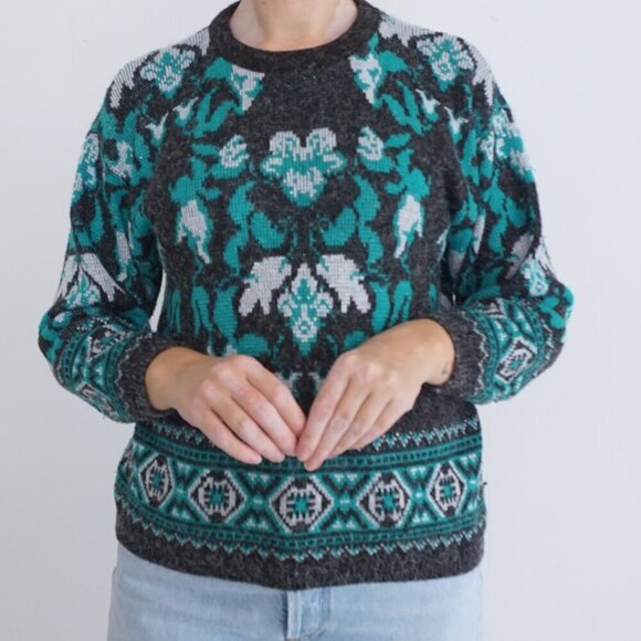 Vintage Grey Green Floral Knit Crewneck Fair Isle Fisherman Sweater S - Picture 2 of 10